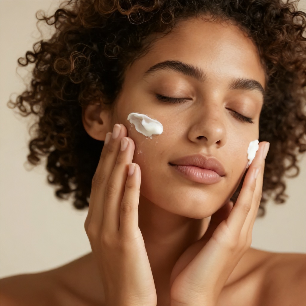 A close-up portrait shows a woman with curly hair gently massaging a white cream into her skin. With her eyes closed, she exhibits a calm and peaceful expression, emphasizing a self-care or skincare routine. The lighting is warm and soft, highlighting the natural texture of her skin and creating a serene, minimalist atmosphere.