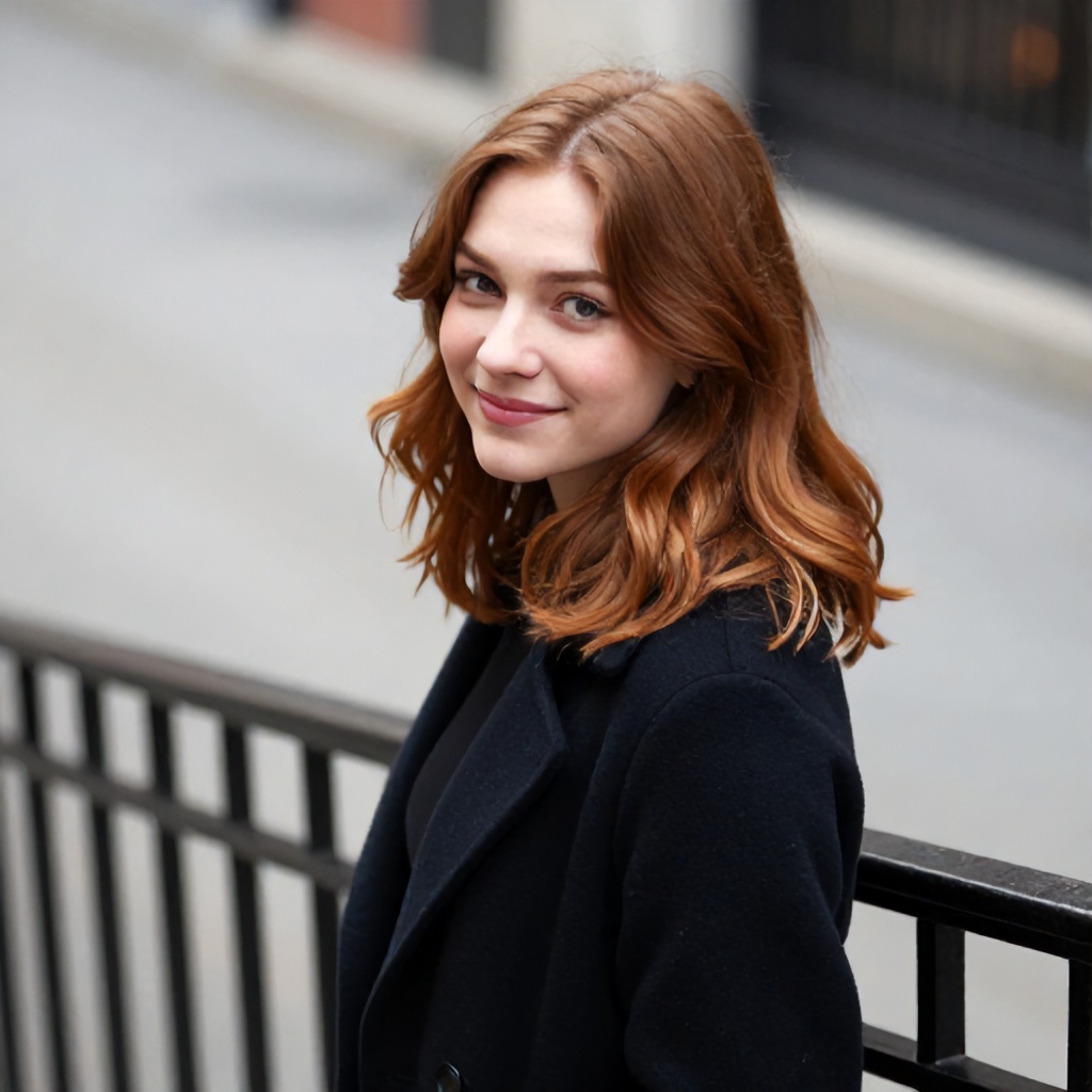 A young woman with shoulder-length, wavy auburn hair smiles slightly while standing outdoors near a black metal railing. She is wearing a dark coat and looking toward the side, with a blurry urban sidewalk visible in the background. The overall mood of the image is casual and candid.