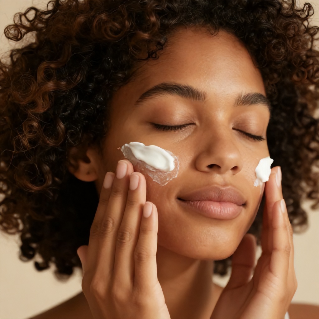 A person with dark, curly hair and warm-toned skin gently massages a white facial cream onto their cheeks with their eyes closed. The lighting is soft and golden, highlighting the smooth texture of the skin and creating a calm, meditative atmosphere. The overall mood is one of self-care, tranquility, and natural beauty.