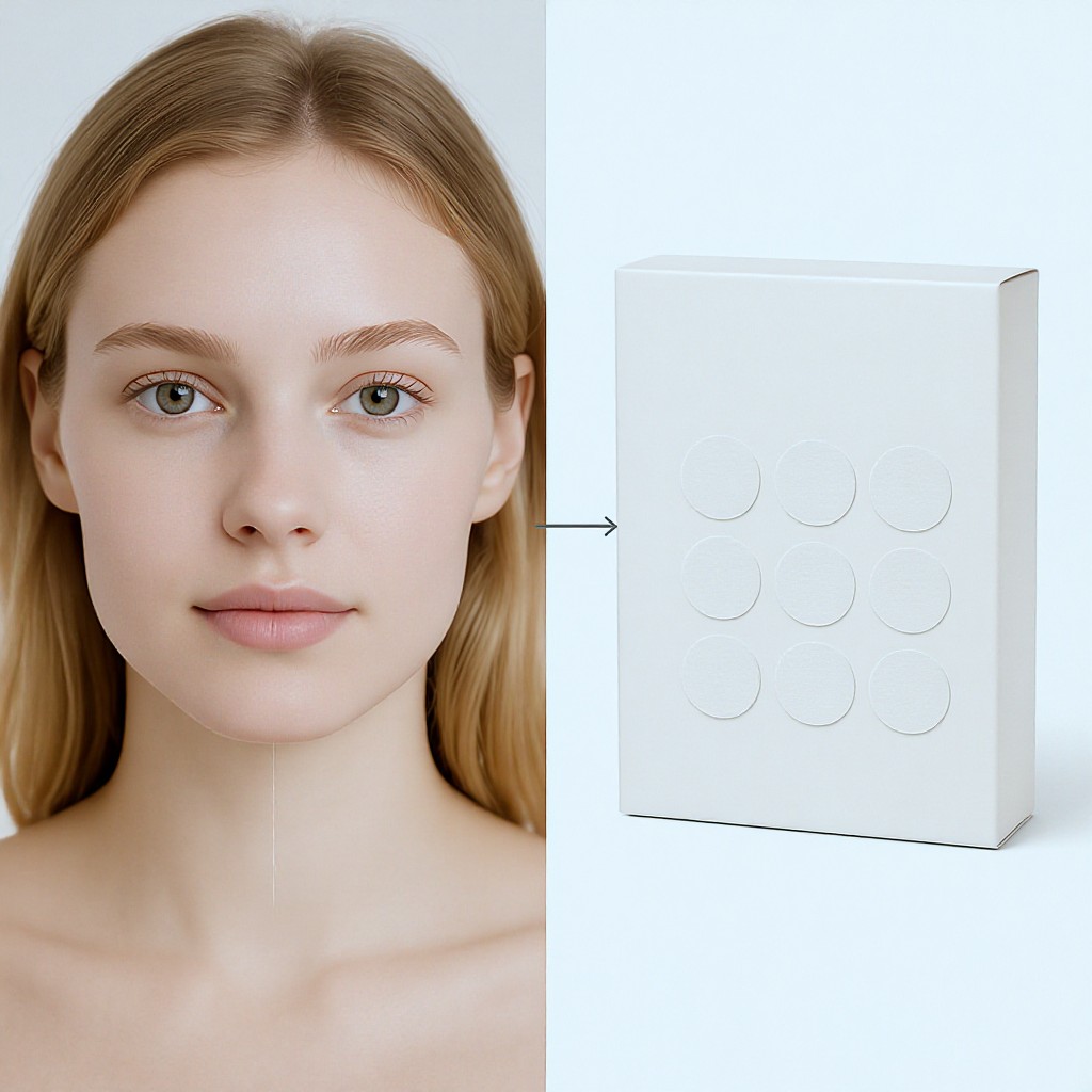 The image shows a split-screen composition featuring a young woman with blonde hair on the left and a product box on the right. A thin line connects a small spot on the woman's chin to the packaging, which depicts circular adhesive patches intended for skincare. The overall aesthetic is clean, minimalist, and clinical, using a neutral color palette to focus on dermatological care.