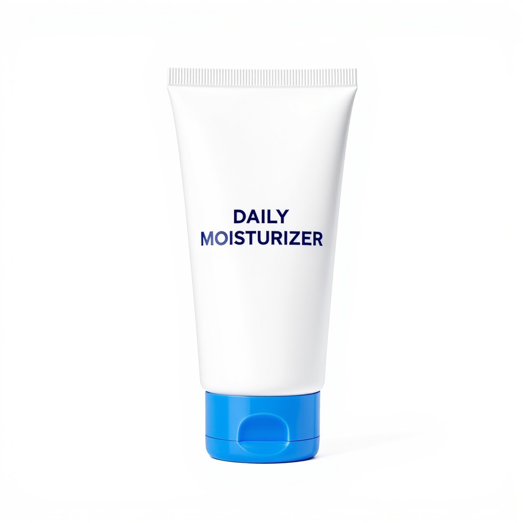 A white squeeze tube of daily moisturizer with a bright blue cap is centered against a clean white background. The product design is minimalist, featuring straightforward text in dark blue and black fonts. The lighting is bright and even, creating a professional, studio-style aesthetic.