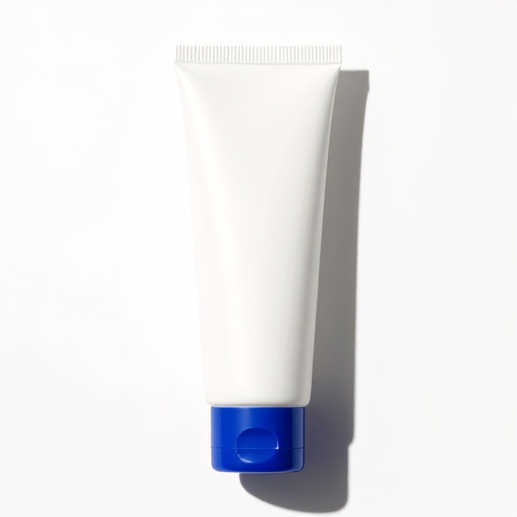 A white tube of facial moisturizer stands vertically against a plain white background. The packaging features a minimalist design with a bright blue cap at the base, casting a crisp shadow to the right.