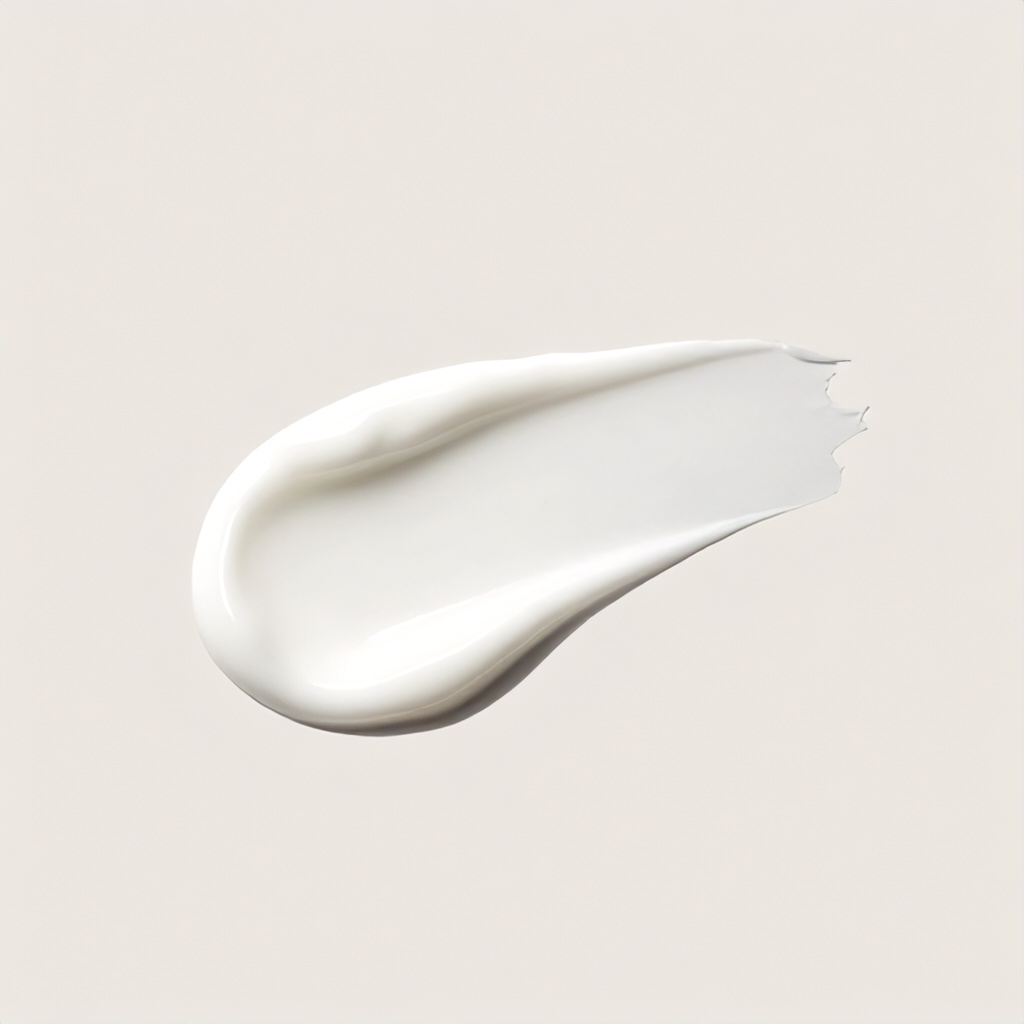 A smooth, creamy white substance is swiped against a clean, neutral background. The texture of the product appears thick and uniform, creating subtle highlights and shadows that suggest a rich consistency. The overall composition is minimalist, bright, and clinical in tone.