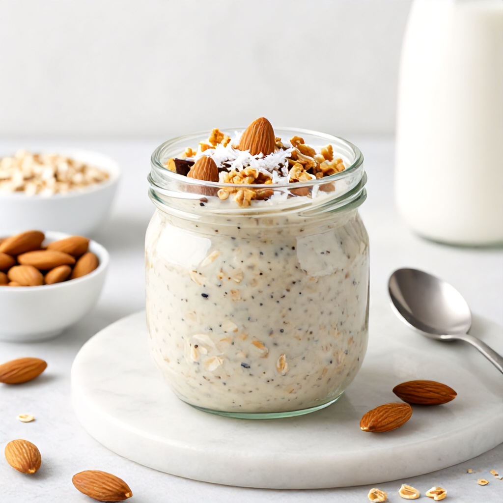 A clear glass jar holds a creamy, light-colored breakfast dish, generously topped with whole almonds, granola clusters, and shredded coconut. The mixture within the jar is speckled with darker seeds and lighter oat flakes, suggesting a wholesome meal. The jar rests on a round white serving board, surrounded by small bowls of raw almonds and rolled oats, a tall white container, and a spoon, all set against a bright, minimalist background.
