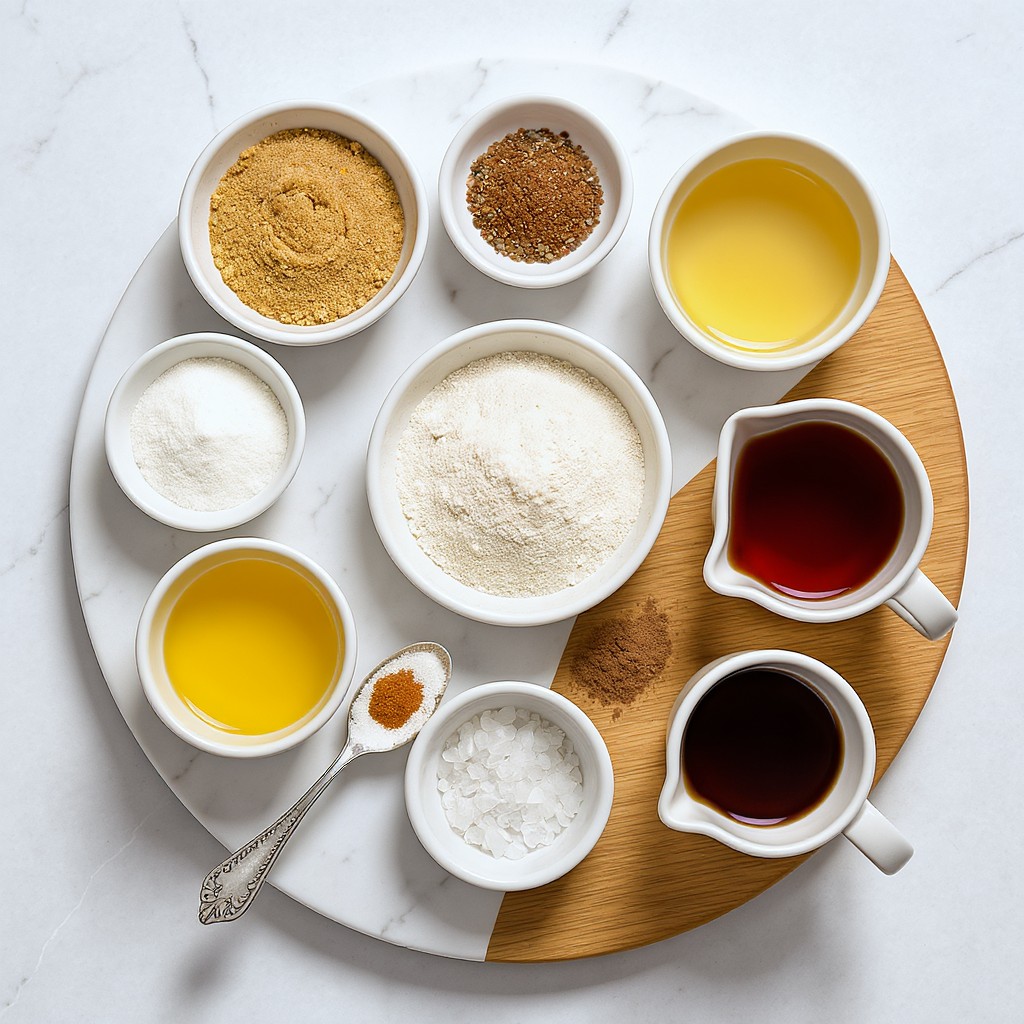 An overhead, flat lay image showcases various dry and liquid ingredients artfully arranged on a white marble and wooden serving board. Several small white ceramic bowls and pitchers contain items such as rolled grains, seeds, white powders, and different light and dark liquids. Two decorative spoons hold fine white crystals and reddish-brown powder. The bright lighting and clean composition create an organized, fresh, and inviting culinary aesthetic, suitable for a recipe display.