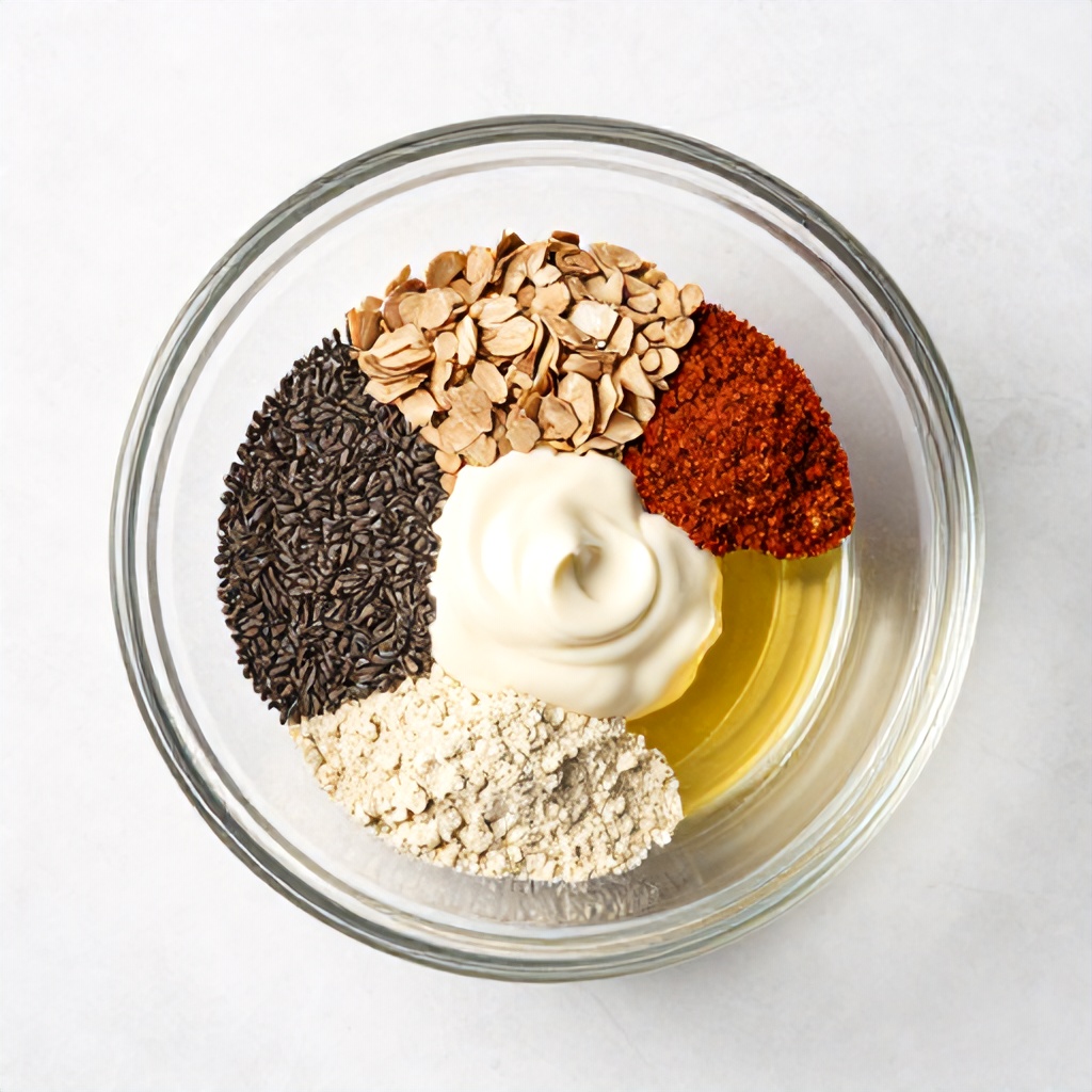 A clear glass bowl, viewed from directly above, rests on a bright, subtly patterned white surface. Inside the bowl, various ingredients are neatly separated, including dark gray seeds, light brown flakes, and a pale, fine powder. A creamy white substance, a reddish-brown spice, and a small pool of golden liquid complete the colorful arrangement. The overall image has a clean, minimalist style, suggesting a healthy food preparation.