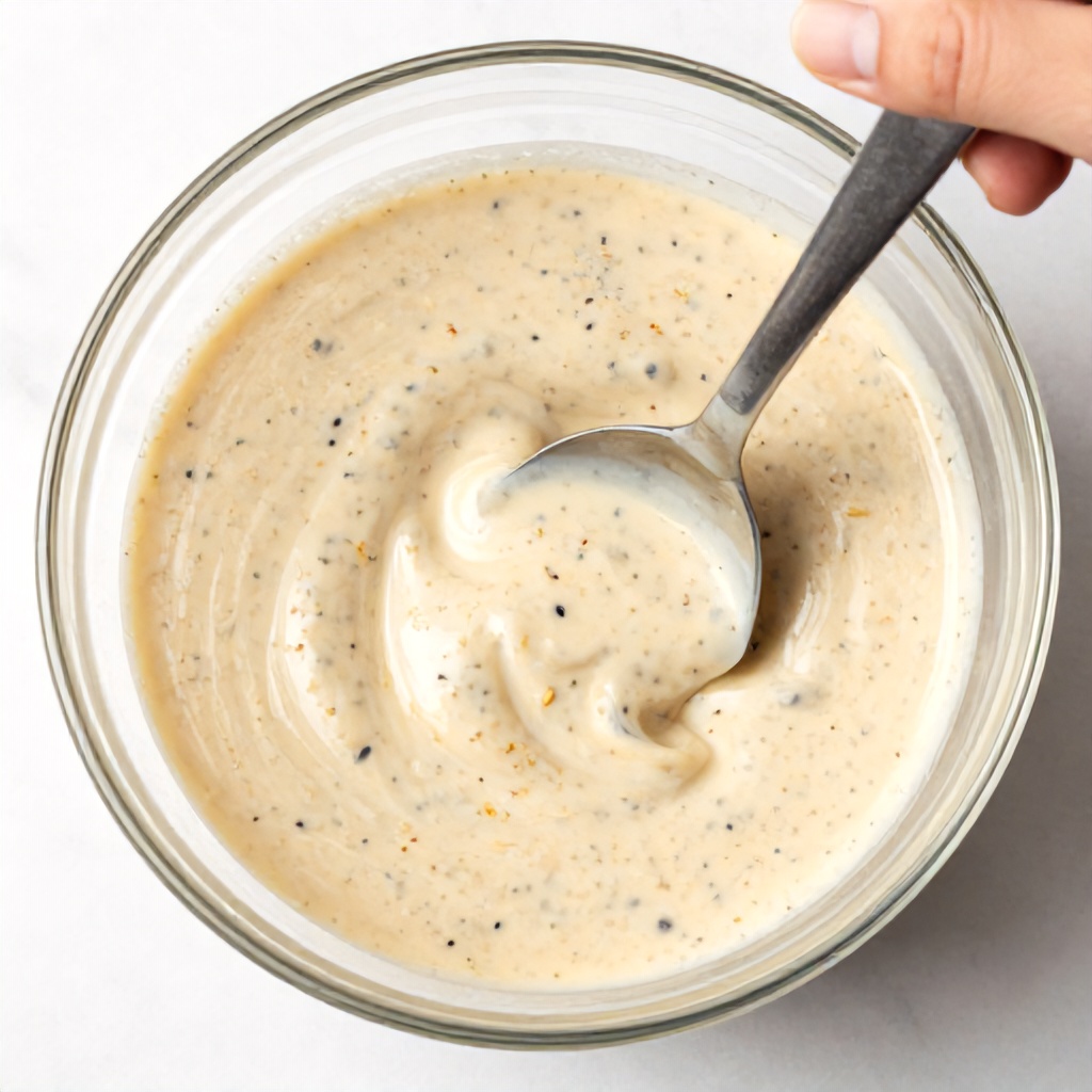 An overhead view captures a hand stirring a creamy, light beige mixture within a clear glass bowl. The concoction is flecked with small dark seeds, lighter flakes, and reddish-orange spices, suggesting a nutritious meal or dressing preparation. This bright, clean composition is set against a subtle white marble background, creating a fresh and inviting mood.