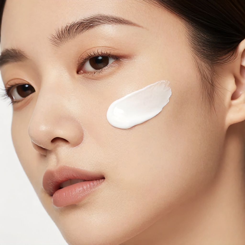 A close-up shot features a woman's face, with a dollop of white cream applied to her cheek. Her skin appears smooth and radiant, with subtle makeup enhancing her features. The overall mood is one of gentle skincare and self-care.