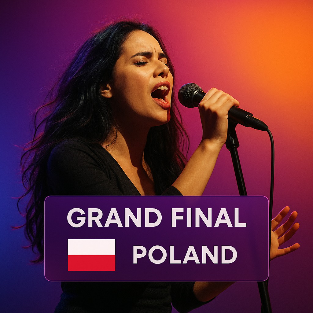 A performer with dark, flowing hair is illuminated by stage lights, singing passionately into a microphone. The background is a gradient of vibrant colors, transitioning from deep purple to orange. A prominent graphic overlay displays "Grand Final" and the country name "Poland" with its flag.