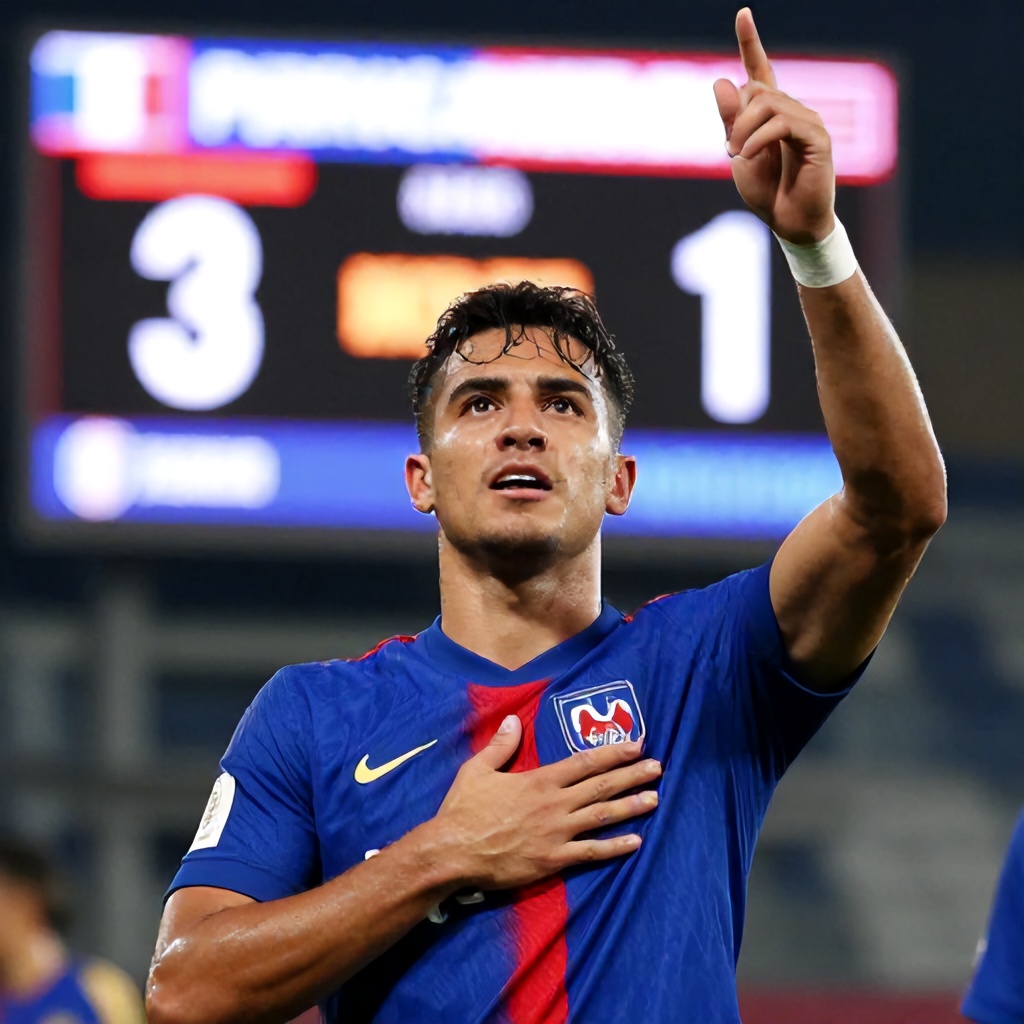 A soccer player in a blue and red uniform is shown from the chest up, with his left hand on his chest and his right arm raised. Behind him is a scoreboard displaying a score of 3-1. The overall image has a vibrant, celebratory mood.
