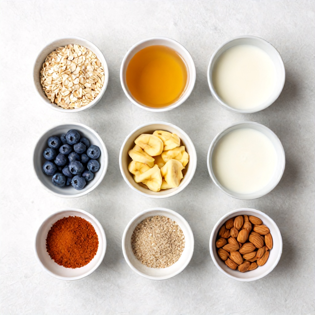 This top-down view displays various ingredients arranged on a light, textured surface for a baking recipe. Bowls and small containers hold items such as oats, blueberries, maple syrup, mashed bananas, almond milk, and several spices and leavening agents. The presentation is organized and minimalist, creating a bright, clean, and instructional culinary aesthetic.