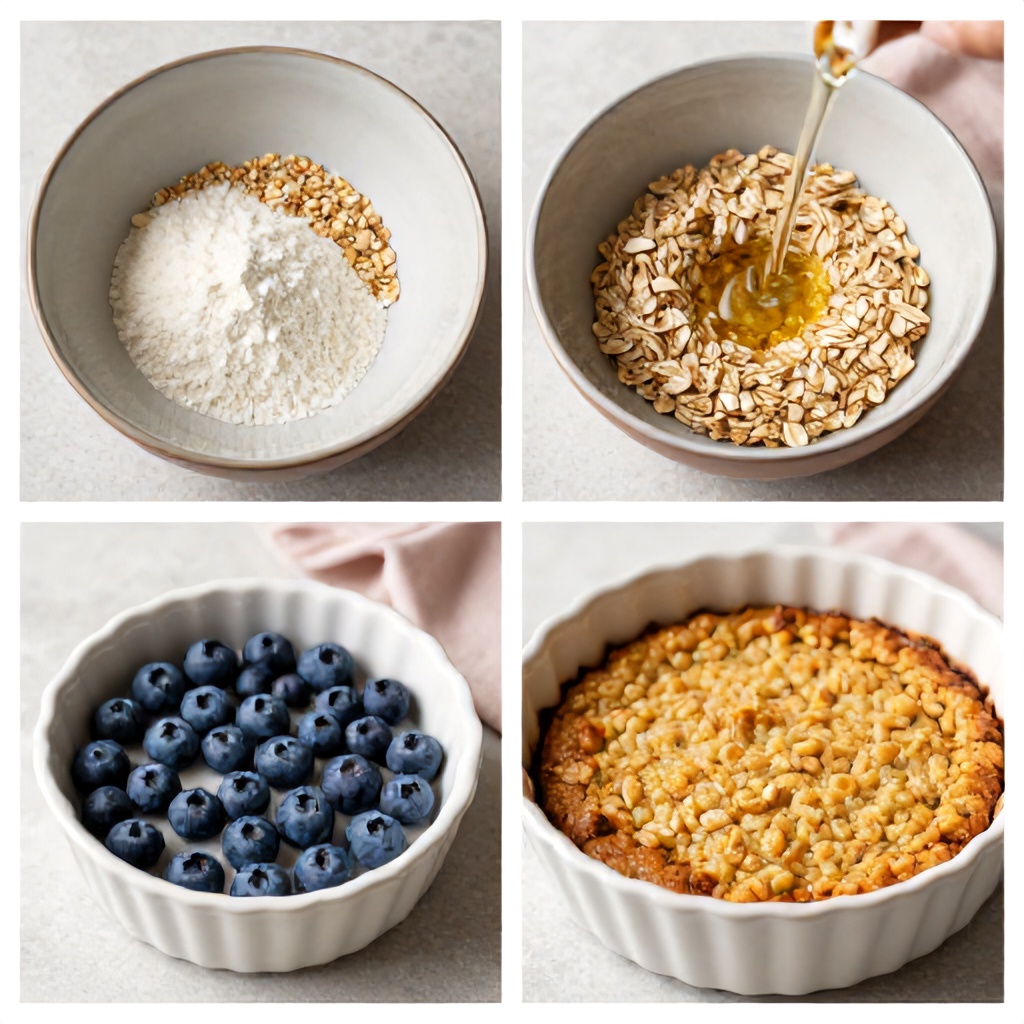This collage illustrates the step-by-step process of preparing a baked oatmeal dish. It shows dry ingredients being combined in a bowl, followed by the addition of liquid to create a mixture, the transition into a white ceramic baking dish topped with fresh blueberries, and the final result after baking into a golden-brown, set consistency. The aesthetic is warm and culinary, featuring neutral tones and soft pink fabric accents.