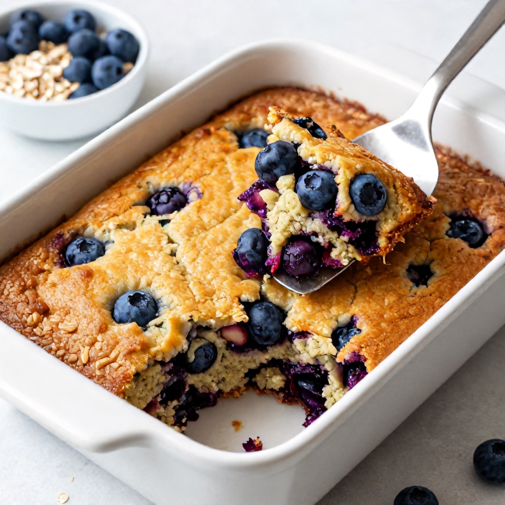 A square ceramic baking dish holds a freshly baked batch of golden-brown oatmeal cake studded with vibrant, dark blueberries. A metal spatula lifts a portion from the dish, revealing a moist and textured interior filled with bursts of fruit. Nearby, small bowls containing raw oats and extra blueberries complete the rustic, warm, and inviting breakfast scene.