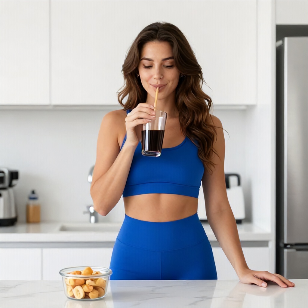 A woman with long, wavy brown hair wears a bright blue athletic set while standing in a clean, modern kitchen. She is holding a glass of dark liquid with a straw, smiling softly as she prepares to take a drink. A small container of bite-sized snacks sits on the white marble countertop in the foreground, creating a bright and healthy atmosphere.