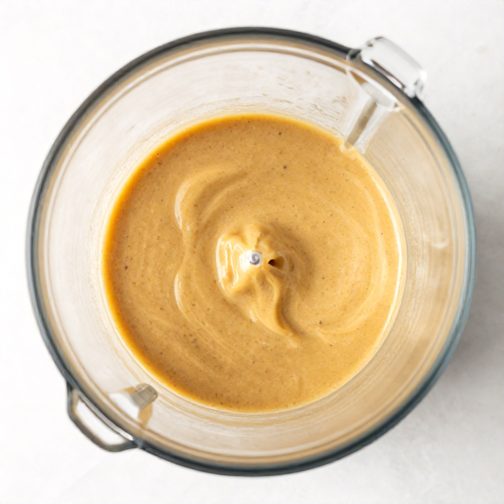 A top-down view shows the inside of a clear blender container filled with a smooth, golden-brown blended mixture. The texture appears creamy with tiny, dark flecks throughout, set against a clean, white, textured background. The composition is minimalist and bright, focusing on the preparation of a blended food item.
