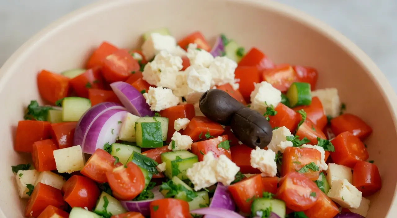 A large, light-colored bowl is filled with a colorful arrangement of freshly chopped salad ingredients, including red cherry tomatoes, diced cucumbers, purple onion, green bell peppers, and fresh herbs. A generous mound of crumbly white cheese and a portion of dark, pitted olives complete the vibrant mixture. The overhead view highlights the fresh textures and bright, contrasting colors of the prepared vegetables against a clean, neutral background.