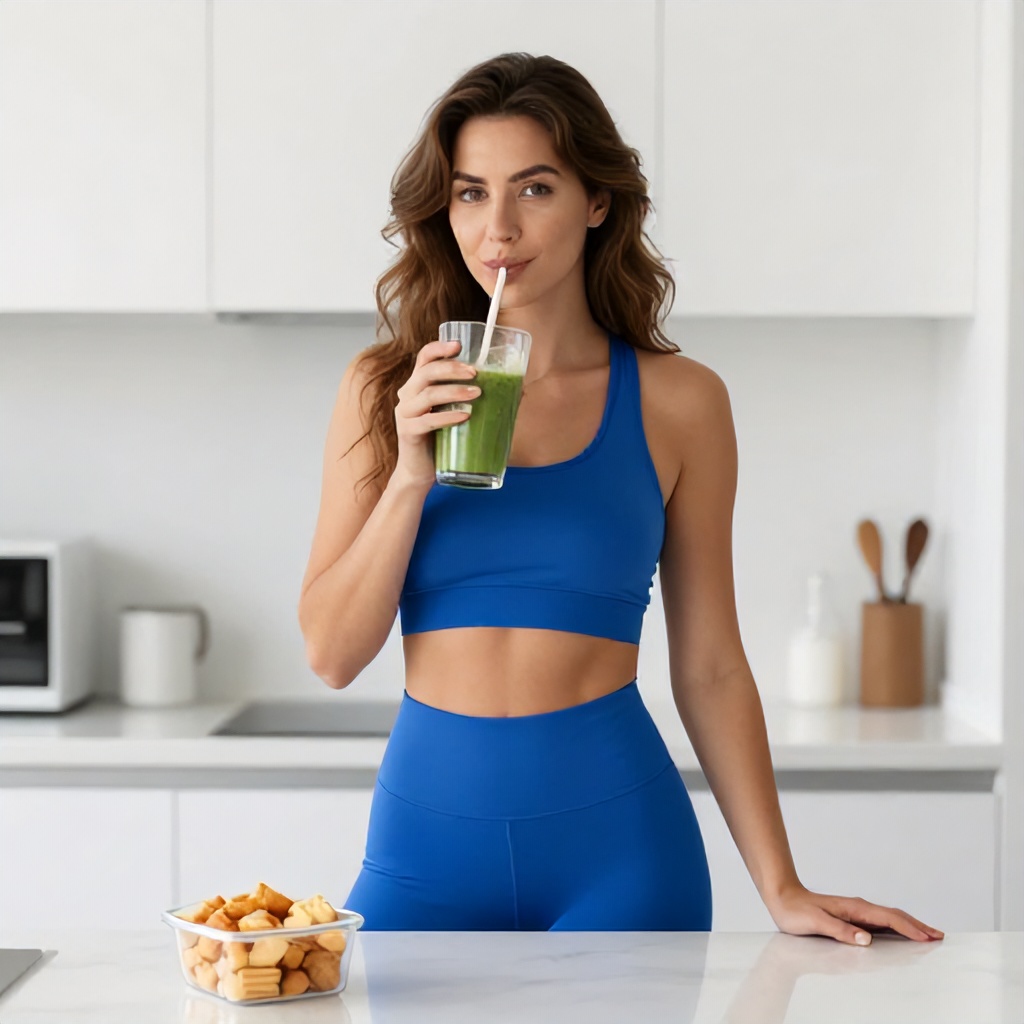 A woman with wavy brown hair is standing in a bright, modern white kitchen, drinking a smoothie from a glass with a straw. She is wearing a matching blue athletic top and leggings, projecting a healthy and energetic mood. In the foreground, a small clear container filled with bite-sized snacks rests on the countertop, completing the scene.
