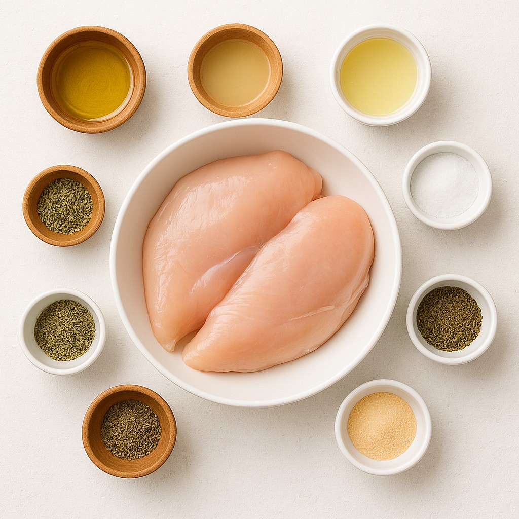 This overhead shot displays a central white bowl containing two raw chicken breasts, surrounded by several small wooden bowls and white ramekins filled with various cooking ingredients. The ingredients include olive oil, lemon juice, salt, pepper, dried oregano, dried thyme, and garlic powder, all arranged on a bright, textured white surface. The image has a clean, minimalist aesthetic with soft lighting, suggesting a professional food preparation setting.