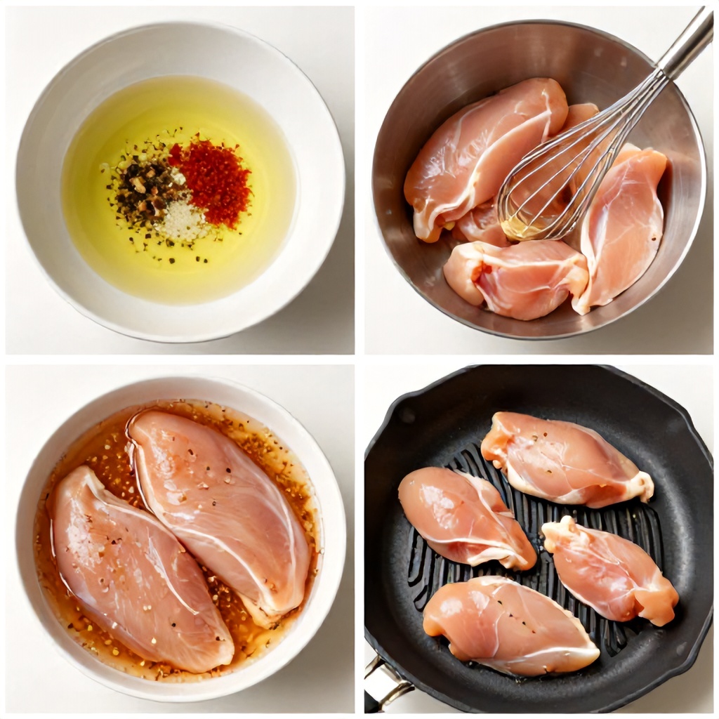 This four-part collage demonstrates the process of marinating chicken. The sequence begins with oil and spices in a bowl, follows with the ingredients being whisked together, continues with raw chicken breasts submerged in the seasoned marinade, and concludes with the chicken pieces cooking on a black grill pan. The overall aesthetic is bright and culinary-focused, set against a clean, light-colored background.