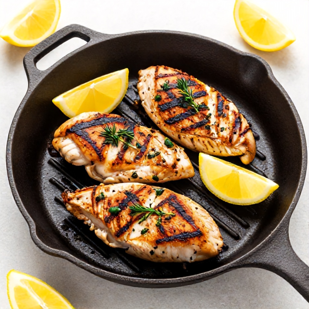 Three seasoned and charred chicken breasts are arranged in a dark, ridged cast-iron grill pan. They are garnished with fresh sprigs of green herbs and bright yellow lemon wedges, which are also scattered around the pan on a light-colored surface. The composition creates a fresh, appetizing, and rustic aesthetic suitable for a culinary article.