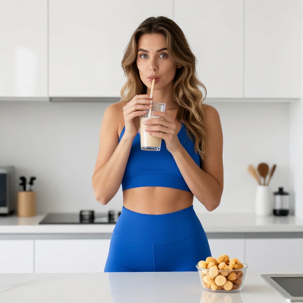 A woman with long, wavy hair wears a bright blue workout set while standing in a modern, white kitchen. She is drinking from a glass tumbler with a straw, holding it with both hands as she looks toward the camera. On the counter in front of her sits a small clear container filled with round bite-sized snacks, creating a bright and health-conscious atmosphere.