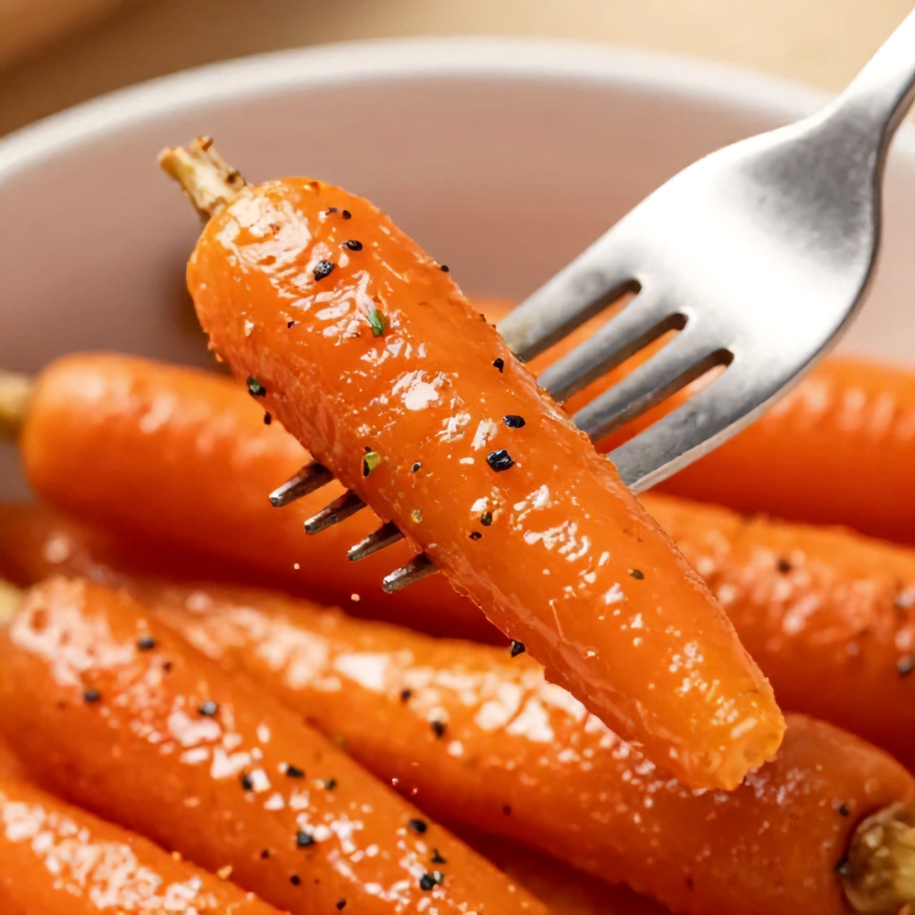 A close-up view captures a silver fork lifting a piece of roasted, glazed carrot from a bowl filled with similar pieces. The carrots are bright orange and glistening, seasoned with flecks of fresh herbs and black pepper. The overall composition highlights the appetizing, tender texture of the cooked vegetables in a warm, inviting light.