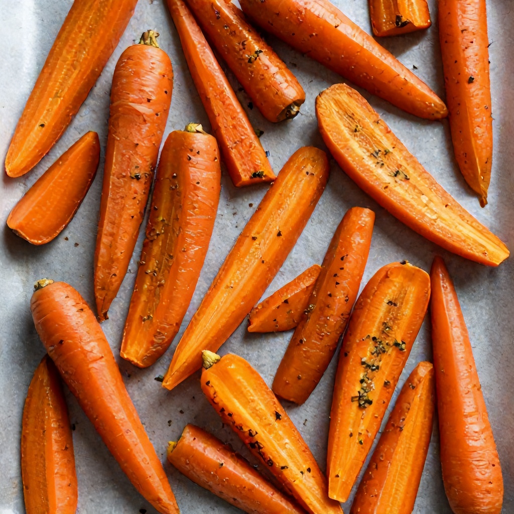 A top-down view shows a collection of roasted carrot chunks arranged on a baking sheet. The bright orange vegetables are cut into rustic, angled shapes and are seasoned with flecks of green herbs and spices, creating a warm and appetizing aesthetic.