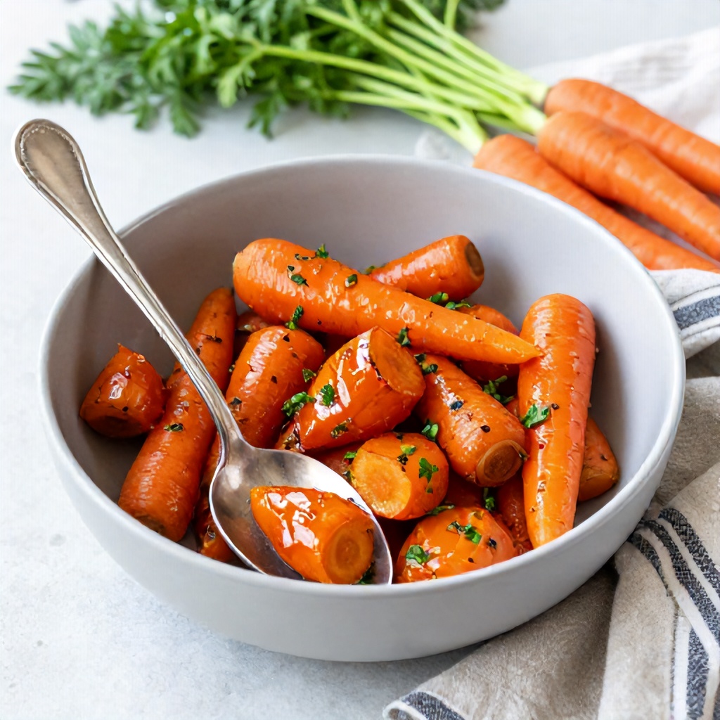 A shallow, light grey bowl is filled with roasted, diamond-cut carrots tossed in a glossy glaze and sprinkled with fresh green herbs. Two silver serving spoons rest inside the dish, partially cradling one of the tender-looking pieces. To the side, a bundle of fresh, leafy carrot tops sits on the light-toned surface next to a textured, striped cloth, creating a bright and appetizing culinary scene.