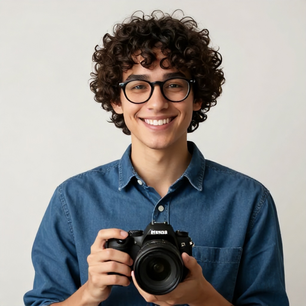 A person with dark, curly hair and glasses smiles warmly while holding a camera. They are dressed in a blue button-down shirt against a simple, light-colored background. The overall mood of the portrait is friendly and professional.