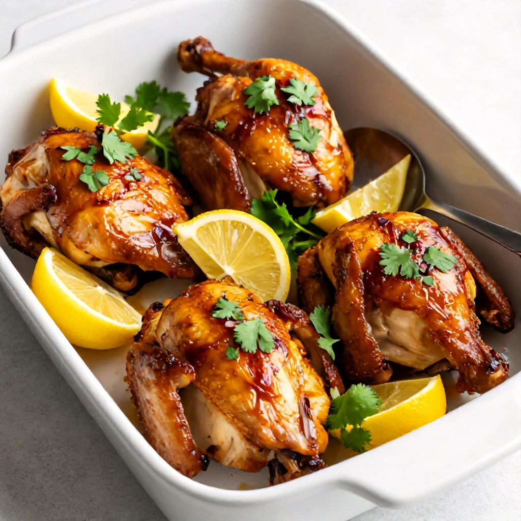 A high-angle close-up shot shows oven-roasted chicken quarters in a rectangular white ceramic baking dish. The golden-brown chicken skin is glazed and garnished with fresh green cilantro leaves, interspersed with bright yellow lemon wedges. A metal serving spoon rests inside the dish against a clean, light gray surface.
