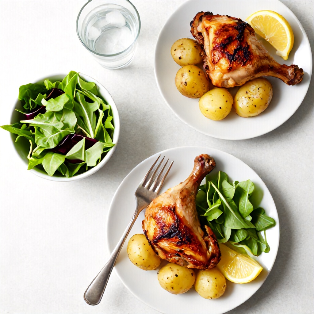 This high-angle, bright photograph features plates of roasted chicken leg quarters served with small potatoes, fresh green salad, and lemon wedges. The meal is presented on a clean, light-colored surface, creating a fresh and appetizing mood. A silver fork rests on one of the plates, accompanied by a side bowl of salad and a glass of ice water nearby.