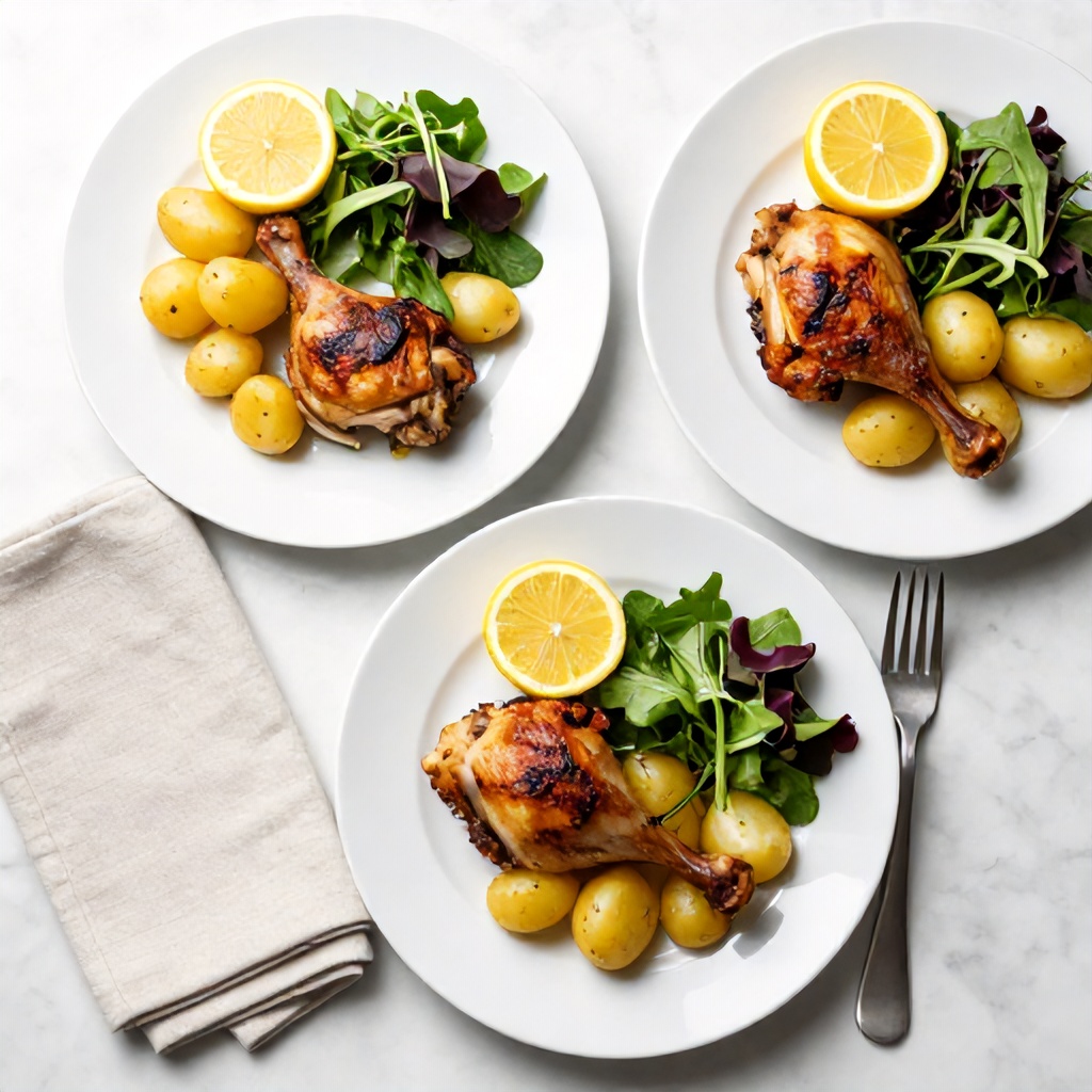 A high-angle shot captures three white plates arranged on a light marble surface, featuring roasted chicken leg quarters, small golden potatoes, and fresh mixed greens. Bright yellow lemon wedges provide a vibrant pop of color, while a stainless steel fork rests beside one of the main plates. A neatly folded cloth napkin sits nearby, contributing to an elegant and appetizing culinary display.