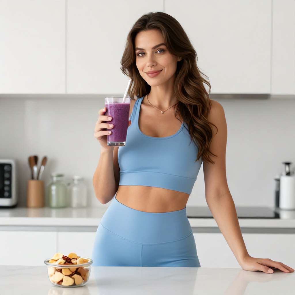 A woman with long, wavy brown hair wears a matching light blue athletic top and leggings while standing in a bright, modern kitchen. She holds a purple smoothie in a glass with a straw, smiling softly at the camera. In the foreground, a small container of bite-sized snacks sits on a white countertop, contributing to the healthy, peaceful atmosphere of the scene.