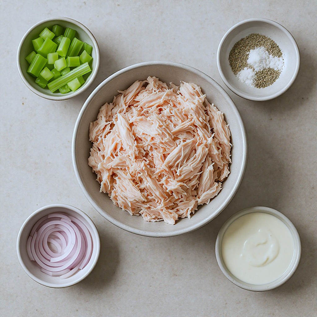 This top-down, flat-lay photograph displays the fresh ingredients for a chicken salad arranged on a neutral, textured surface. A central large bowl of shredded chicken is surrounded by smaller bowls containing diced celery, red onion, creamy dressing, mustard, salt, and pepper. The composition uses clean, minimalist styling to highlight the colorful, raw components of the meal.