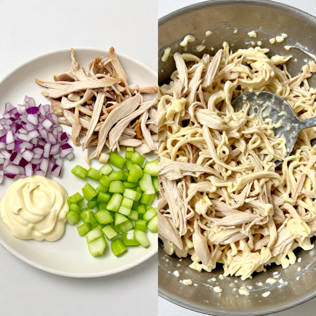 This split-screen image displays the process of preparing a chicken salad in a large, light-colored bowl. The left side shows the fresh ingredients—shredded poultry, diced red onions, chopped celery, mayonnaise, and seasonings—arranged separately before being mixed. The right side shows the finished mixture fully combined into a uniform, creamy salad with a metal spoon resting inside.