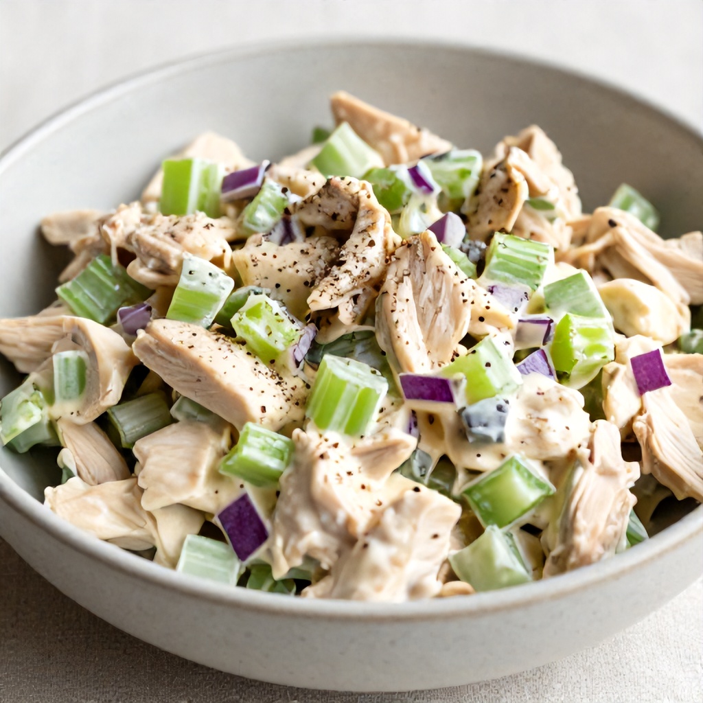 A close-up shot features a bowl filled with a creamy chicken salad, tossed with diced green celery and purple onion. The dish is seasoned with a generous sprinkle of black pepper and presented in a rustic, speckled ceramic bowl. The composition is set against a soft, neutral-toned textile background, creating a bright and appetizing aesthetic.
