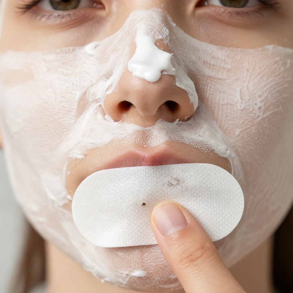 This image displays a skincare process featuring a white cream mask applied to the bridge of a person's nose. Below this, a hand holds up a used adhesive strip that has collected small impurities from the skin. The overall composition focuses on a simple, instructional aesthetic related to facial care.