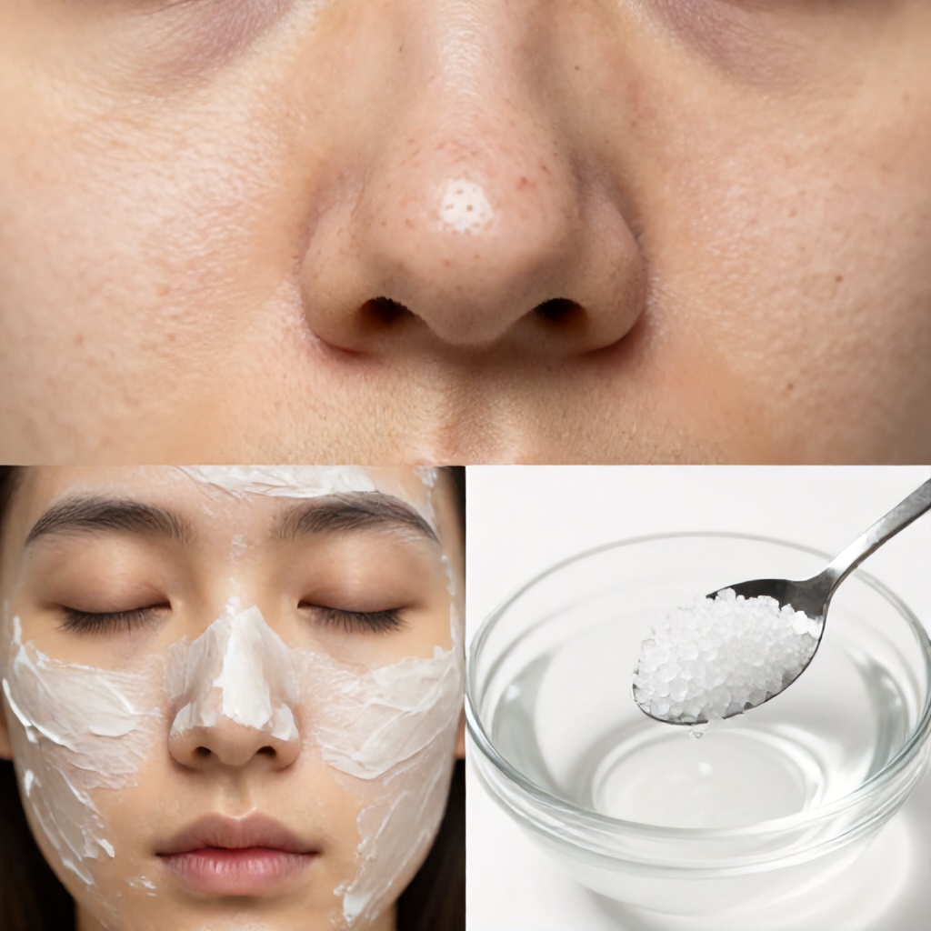 This image is a collage illustrating skin care treatments for facial blemishes. It features a close-up of a nose with visible blackheads, followed by an image of someone applying a textured topical paste to their face, and finished with a small spoon of crystals held over a bowl of water. The overall tone is clinical and educational, focusing on home-based aesthetic remedies.