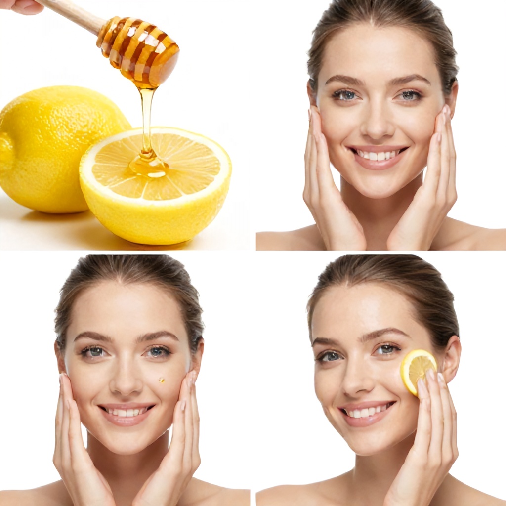 A collage shows a woman preparing a natural skin treatment by drizzling honey onto a halved fresh lemon. The final step depicts her gently rubbing the lemon onto her cheek with a smile. The aesthetic is clean, bright, and focused on simple, homemade beauty solutions.