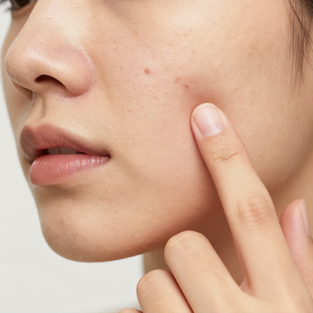 A close-up shot focuses on the lower half of a person's face, highlighting active acne on their cheek. Their fingers are shown touching and pressing near a blemish, emphasizing a focus on skincare and skin health. The neutral, brightly lit background keeps the attention entirely on the texture and condition of the skin.