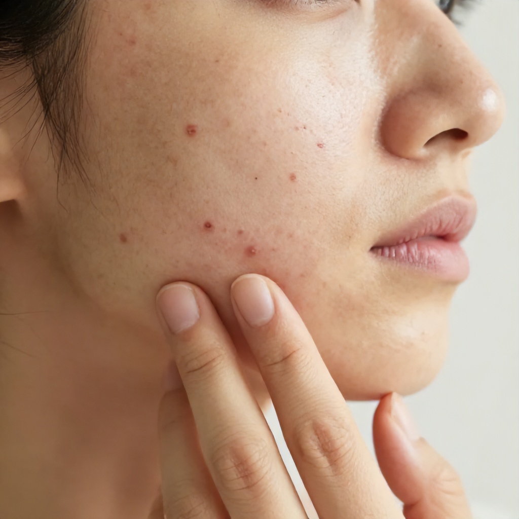 A close-up shot focuses on a person’s lower face, highlighting visible acne and skin inflammation on the cheek and chin. The individual's fingers are touching the skin near the mouth in an examination of the blemishes. The overall tone is clinical and neutral, emphasizing dermatological concerns against a soft, light-colored background.