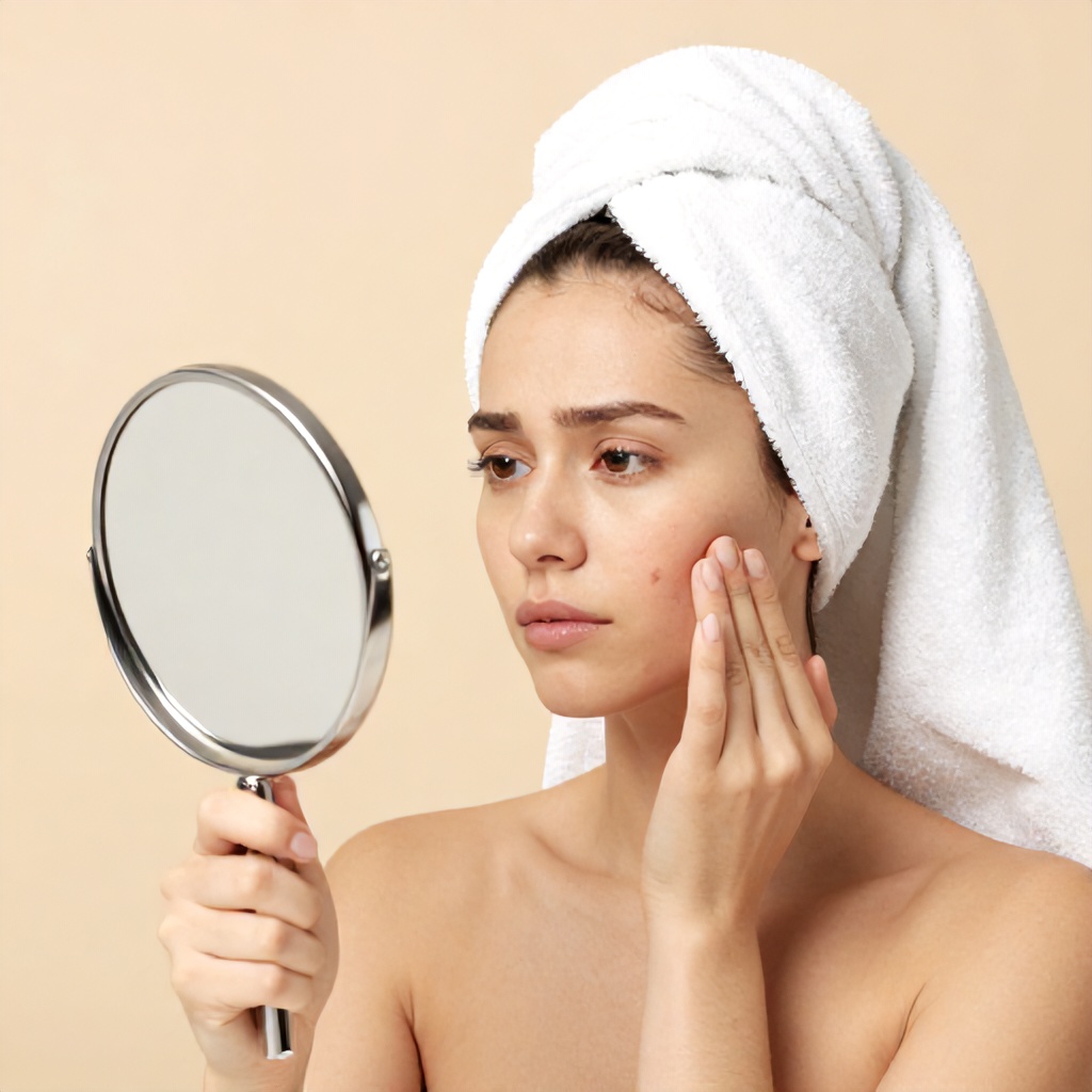 A young woman with a white towel wrapped around her head examines her face in a hand-held mirror. Her expression is focused and concerned as she touches a blemish on her cheek. The shot is captured against a soft, solid beige background, creating a minimalist and clean aesthetic.