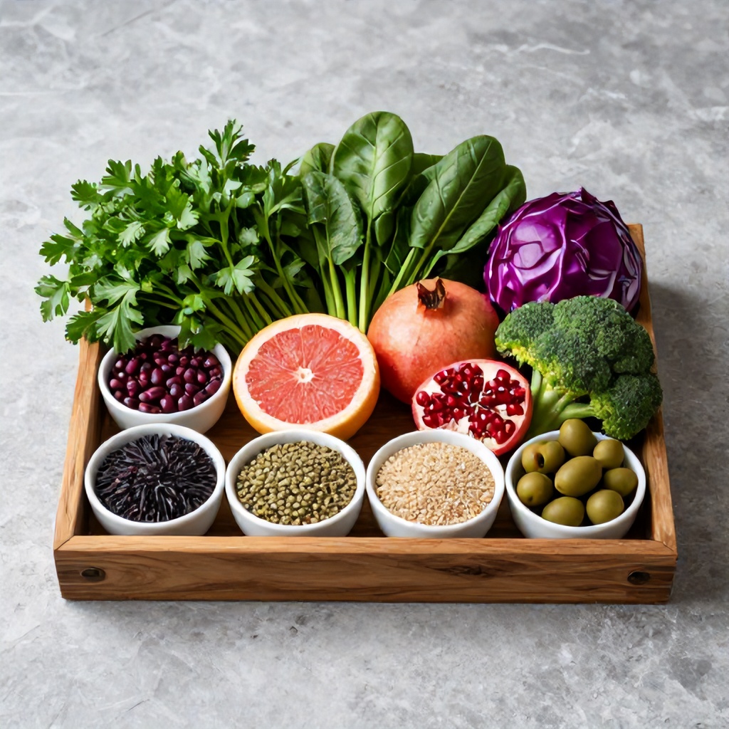 A wooden tray filled with a vibrant assortment of fresh produce and grains is centered against a textured, grey stone surface. The collection includes bright greens like parsley and spinach, colorful fruits like grapefruit and pomegranate, and various vegetables such as broccoli and red cabbage. Small bowls arranged within the tray contain black rice, dried beans, lentils, and olives, creating a healthy and wholesome culinary aesthetic.
