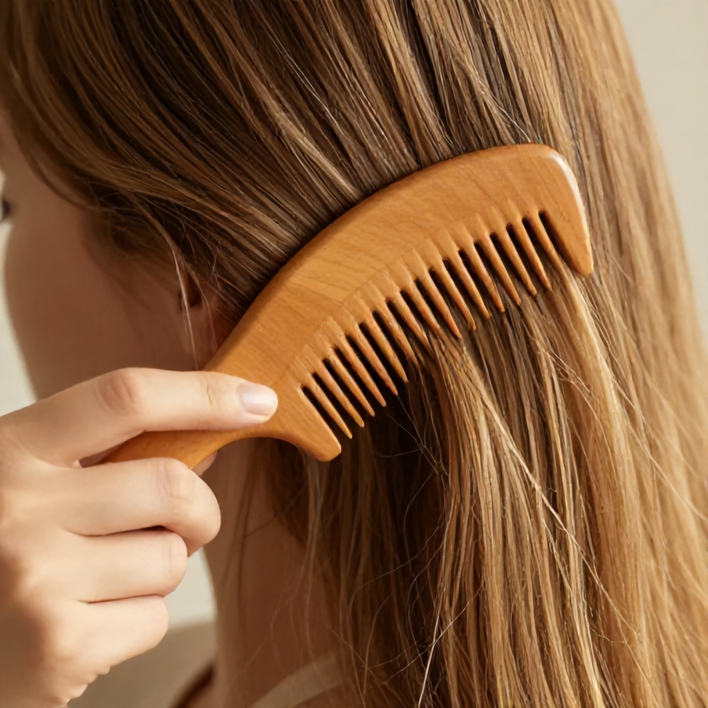 A close-up shot captures a person gently combing through a section of their light-brown hair with a smooth, wooden comb. The focus is on the textures of the strands and the natural material of the grooming tool, creating an intimate and peaceful mood. Soft, warm lighting enhances the natural colors of the hair, conveying a sense of daily self-care and gentle maintenance.