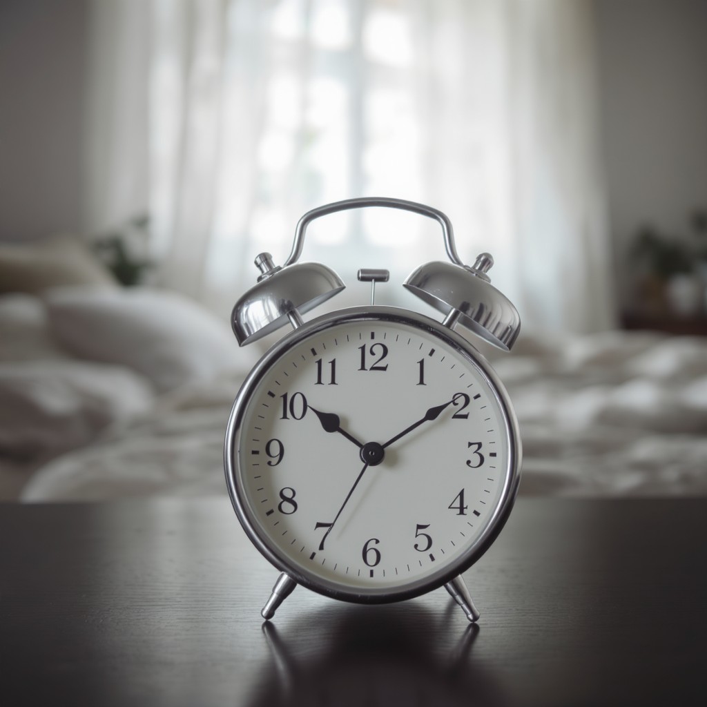 A silver, vintage-style twin-bell alarm clock sits in the foreground on a dark wooden surface. The background features a softly blurred, bright, and cozy bedroom interior with white linens, creating a calm and peaceful atmosphere. The shallow depth of field highlights the clock while keeping the surrounding room in a dreamlike, hazy focus.