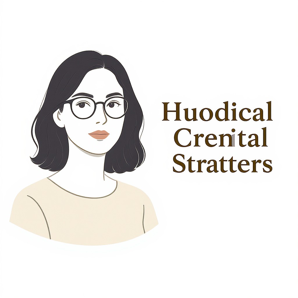 A minimalist illustration features a stylized portrait of a woman with dark hair and round glasses set against a plain white background. To the right of the figure, bold and modern text is displayed in a clean, elegant font. The overall aesthetic is professional and contemporary, utilizing a warm, neutral color palette of tans and browns.