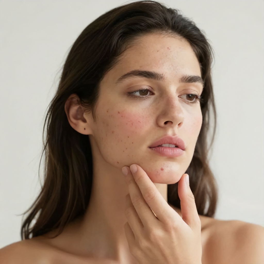 A woman with long dark hair is closely examining a cluster of red blemishes on her chin while looking at her reflection. She has a concerned expression and is lightly touching the affected area with her finger to inspect the skin. The scene is captured with soft, bright lighting against a neutral background, highlighting a moment of personal skincare focus.