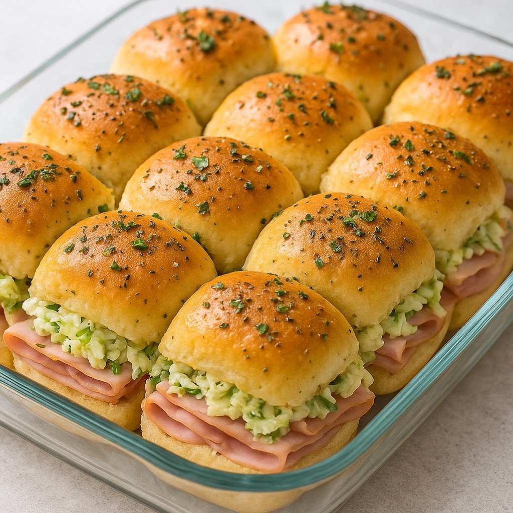 A glass baking dish holds a batch of small, golden-brown sliders topped with seasonings and fresh herbs. Each sandwich is generously filled with layers of sliced deli meats and a creamy, shredded lettuce mixture. The bright, close-up shot emphasizes the varied textures of the soft buns and crisp vegetables, creating an inviting and hearty presentation.