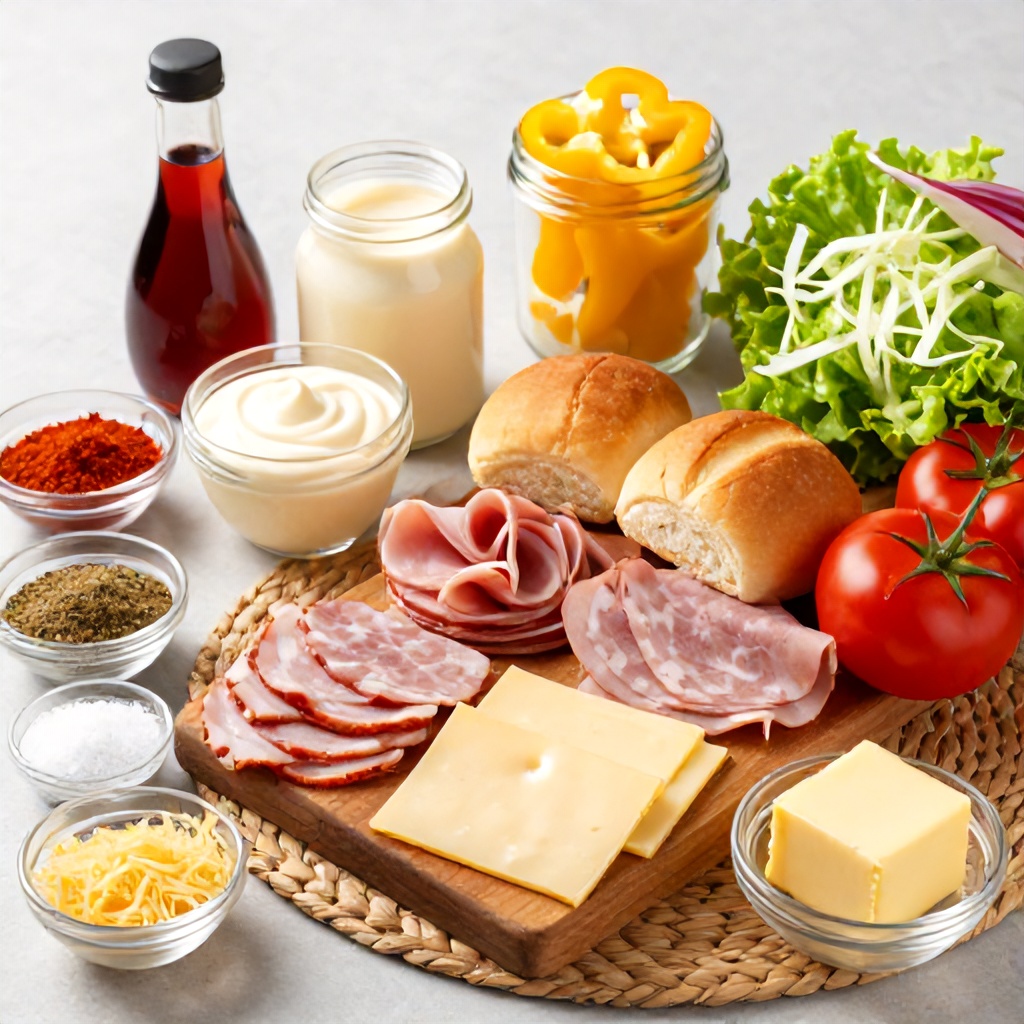A vibrant array of fresh ingredients for sandwich preparation is neatly arranged on a light-colored surface. Golden brown dinner rolls, various sliced deli meats, and white cheese slices are displayed on a wooden board, alongside ripe red tomatoes and a bag of shredded lettuce. Condiments like red wine vinegar, mayonnaise, and sliced yellow peppers in jars are present. Small glass bowls holding spices, salt, and grated cheese, along with a block of butter, complete this inviting culinary setup, all resting on a woven mat.