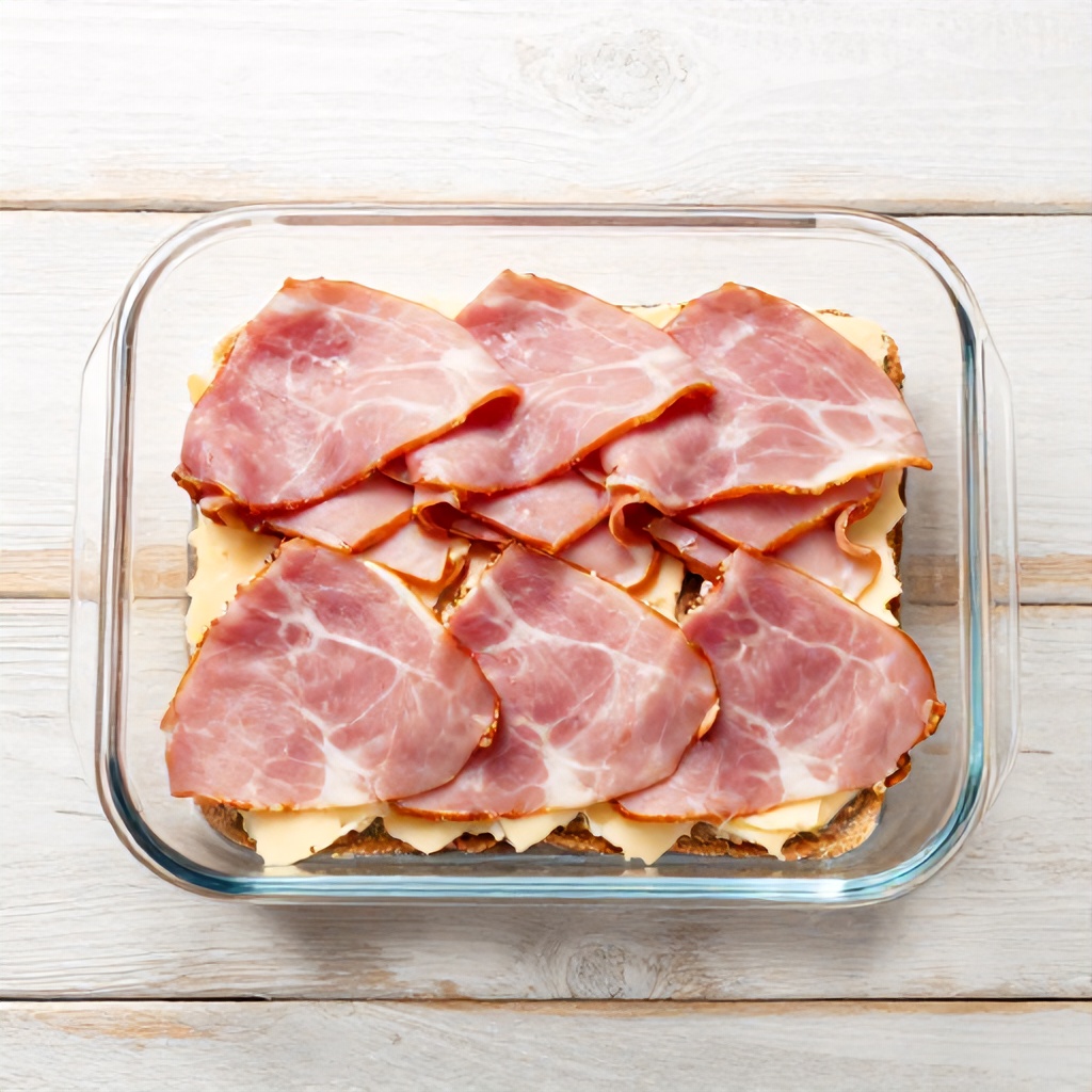 A clear glass baking dish is shown from an overhead perspective, containing layers of bread, pale cheese, and thin slices of pink ham. The ham is arranged in overlapping rows, completely covering the layers beneath it. The dish is set against a rustic, light-colored wooden tabletop with a weathered texture, creating a bright and clean scene of food preparation.